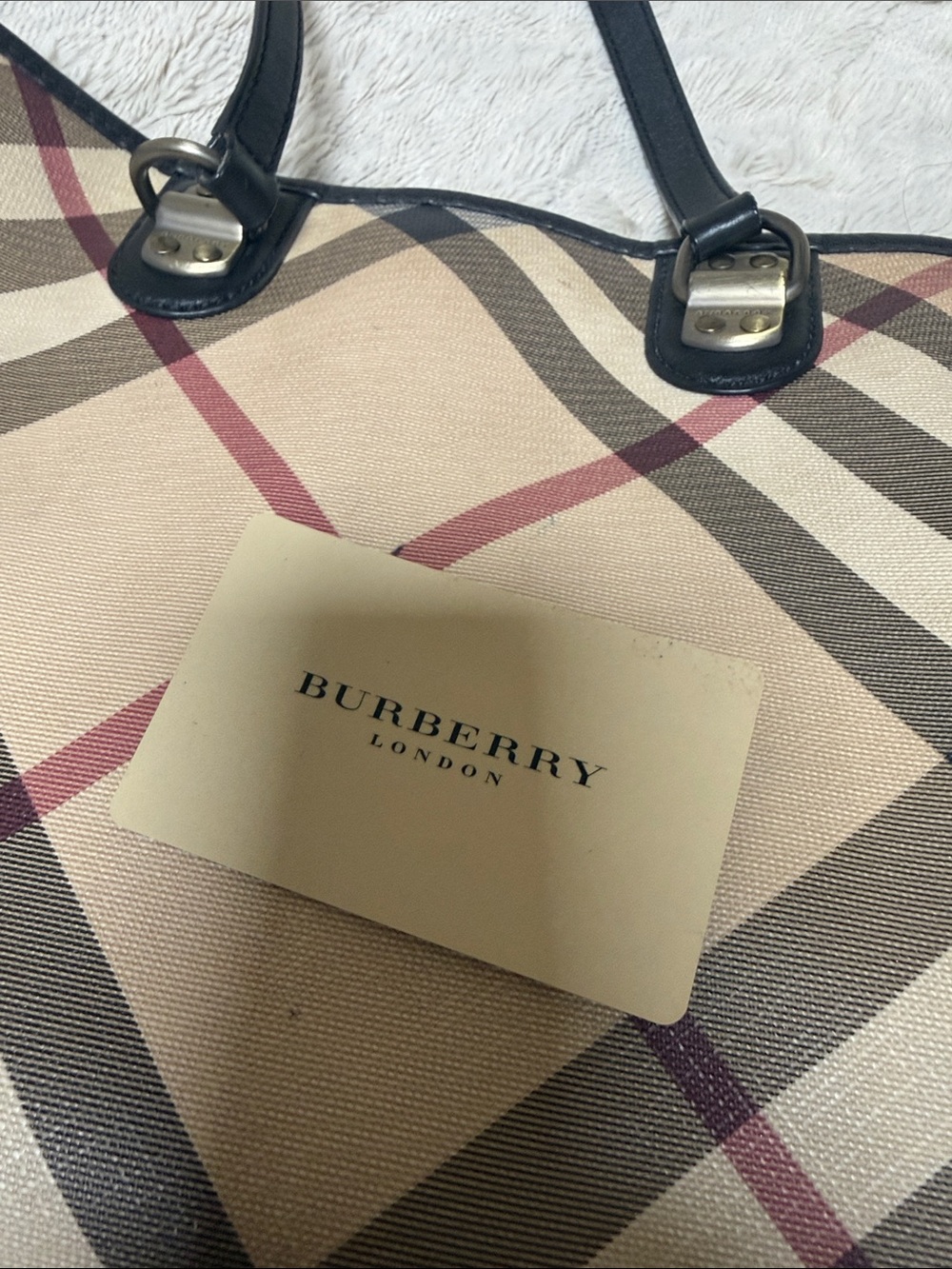 Burberry Classic Plaid Tote Bag in Beige with Black Trim - Picture 7 of 10